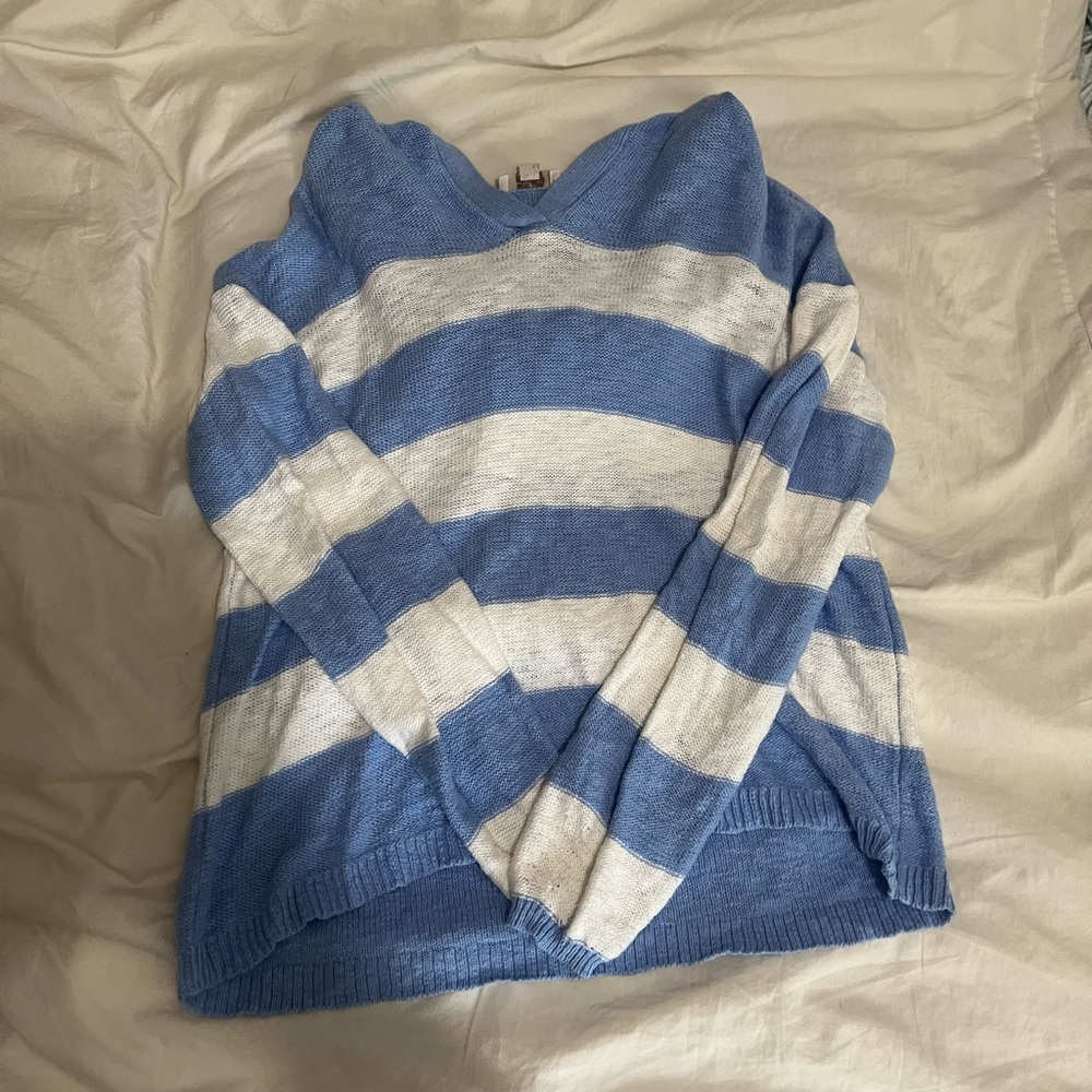 LOFT Blue and White Striped Crew Neck Sweater